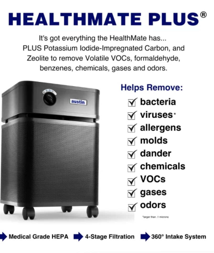 Health Mate Plus by Austin Air.  The Medical Grade HEPA used in the Austin Air Healthmate Plus® effectively removes up to 99% of bacteria and aerosolized viruses* as small as 0.1 microns. It also eliminates a wide range of gases, chemicals, VOCs and formaldehyde. This broad-spectrum adsorption makes it the best choice for people exposed to smoke from wildfires.